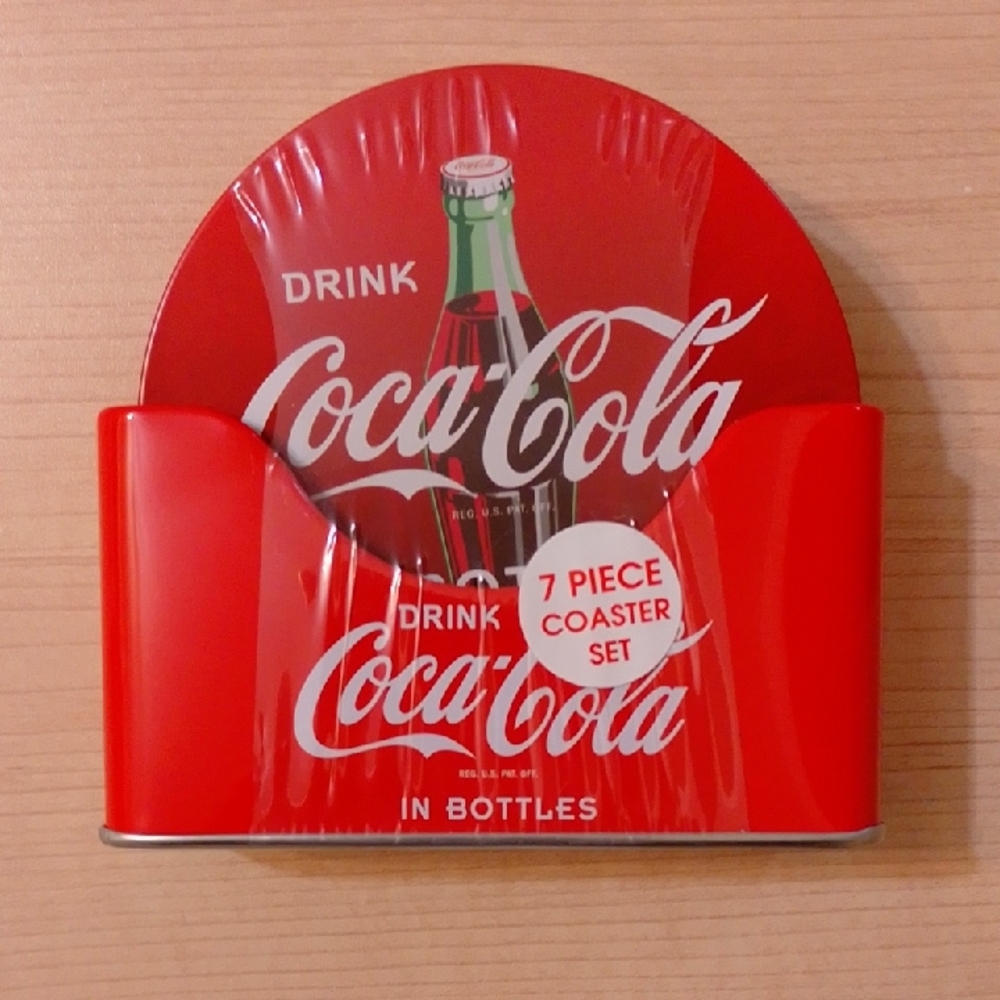 Coca Cola Coke Coaster Set Holder Metal Tin Cork